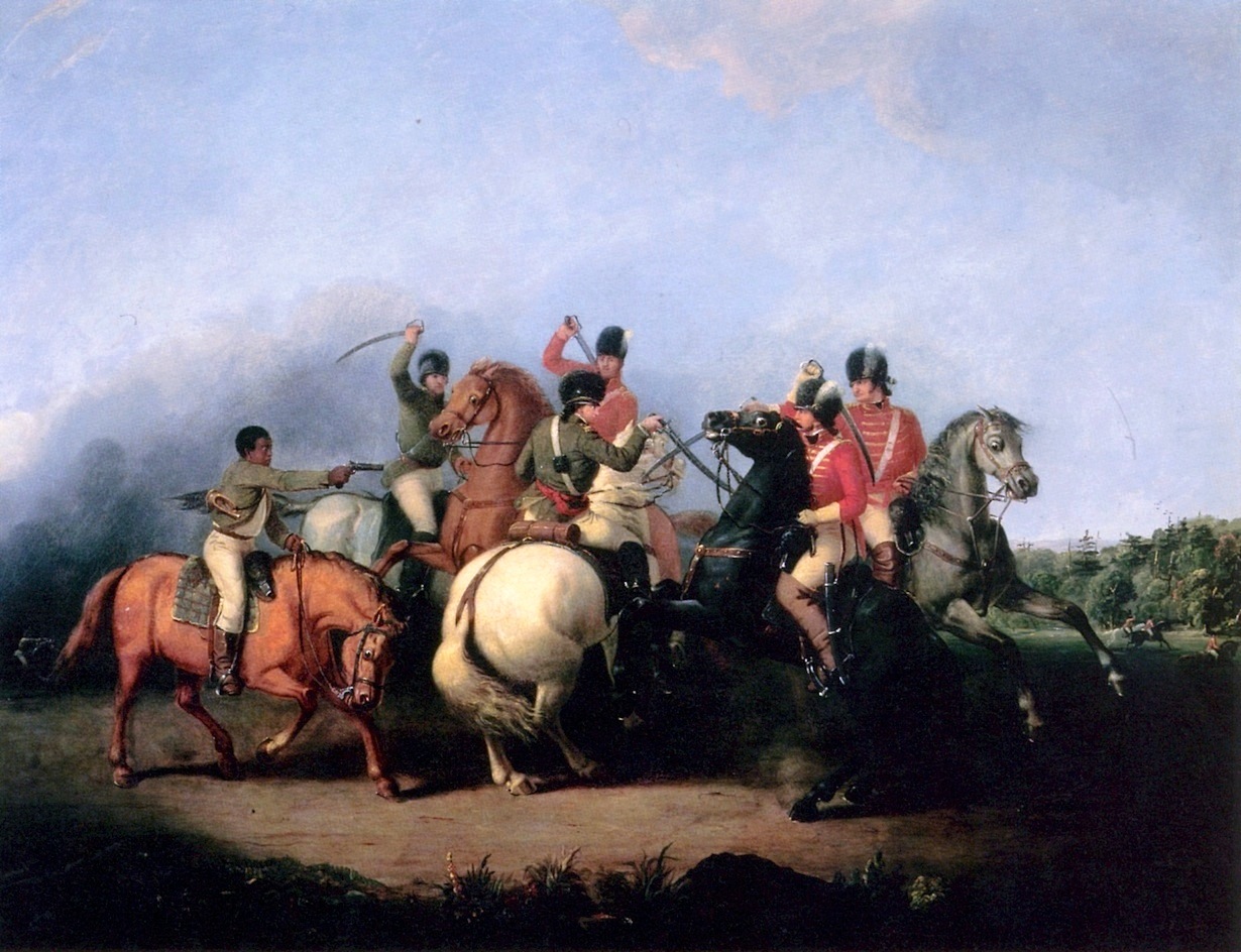 This depiction of the Battle of Cowpens (1781) shows an unnamed Black patriot soldier, possibly a slave, at the far left, firing his pistol and thereby saving the life of Colonel William Washington, mounted on a white horse in the center. (After an 1845 painting by William Ranney)