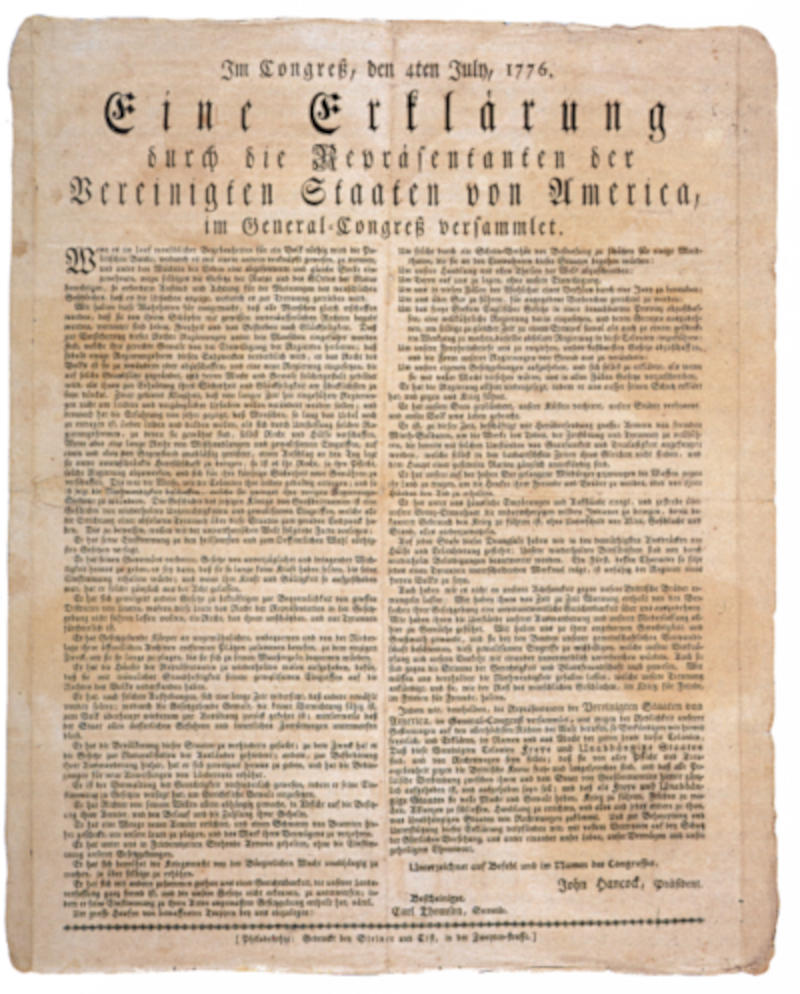 Printing in the German language from 1776 in the Pennsylvanischer Staatsbote in Philadelphia.