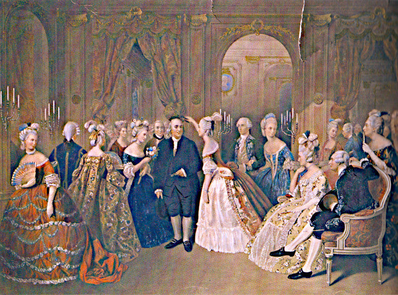 Franklin is crowned with laurel by the ladies of Parisian society. Painting by the Belgian painter W. O. Geller, c. 1830. Yale University Library, here: scan from Isaacson, Benjamin Franklin. An American Life. Original: Réunion des Musées Nationaux/Art Resource, NY, public domain