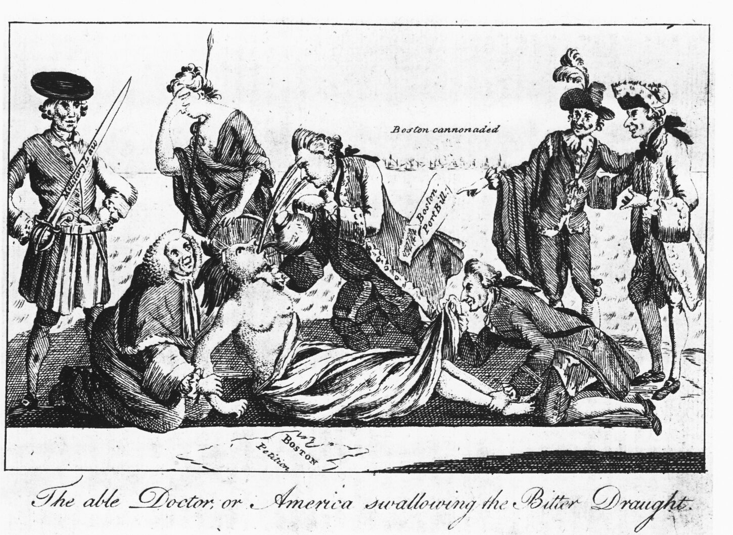 Full caption: “The able Doctor, or America Swallowing the Bitter Draught.” Etching. From the London Magazine, May 1, 1774. British Cartoon Collection. Prints and Photographs Division. LC-USZC4-5289. Prime Minister Lord North, author of the Boston Port Bill (the act closing the port of Boston), forces America — depicted as a vulnerable Indian woman — to swallow the “Intolerable Acts” in the form of tea. While Lord Chief Justice Mansfield holds her arms, Lord Sandwich — a notorious womanizer — pins her feet and peers up her skirt. In the background, Mother Britannia weeps helplessly. This British caricature was quickly copied and circulated by Paul Revere.