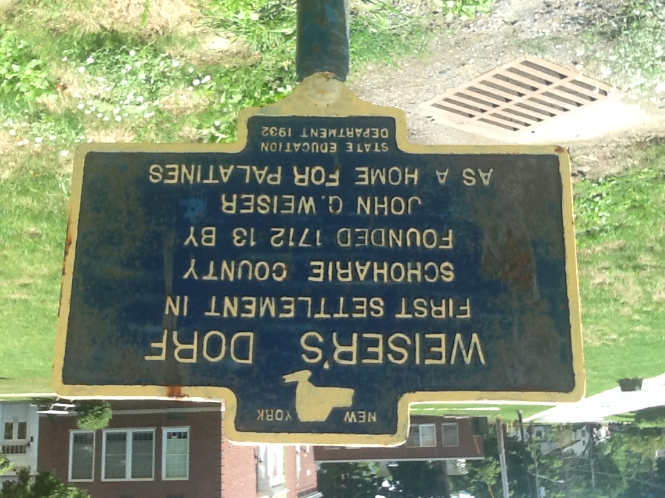 Historical marker in Middleburgh, New York, noting the settlement of Weiser’s Dorf, by AMK152 at English Wikipedia, CC BY-SA 3.0